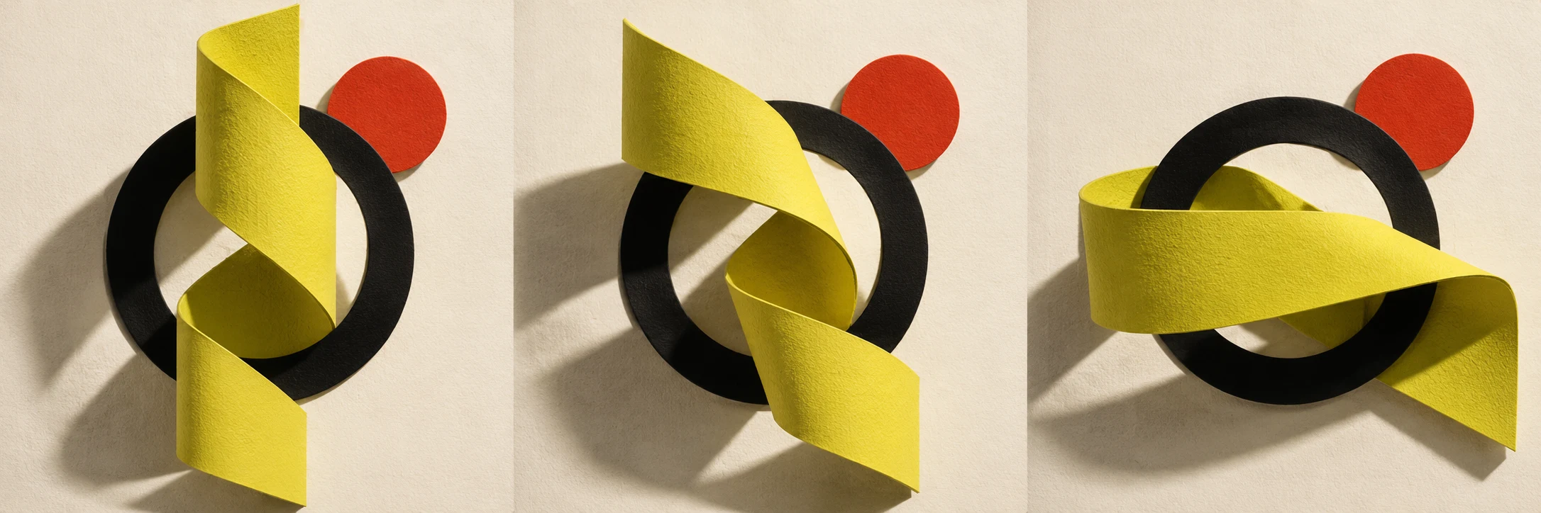 Acid yellow paper sculpture and black ring, a study in form and shadow